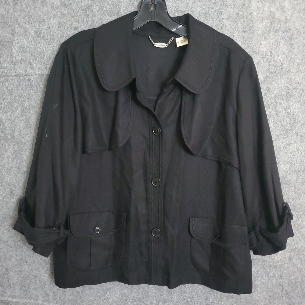 Tommy Bahama Black Silk Short Swing Jacket Womens Size 14 Button Up Pocket Solid